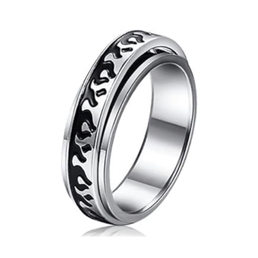 Stainless Steel Flame Spinner Ring - Black Silver Band Fidget Ring